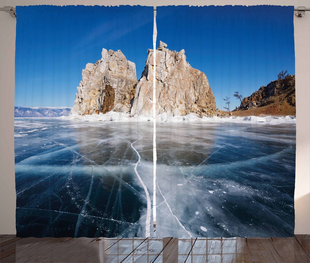 ABAKUHAUS Winter Rustikaler Vorhang, Baikalsee in Sibirien, Wohnzimmer Universalband Gardinen mit Schlaufen und Haken, 280 x 175 cm, Blau Weiß Car...