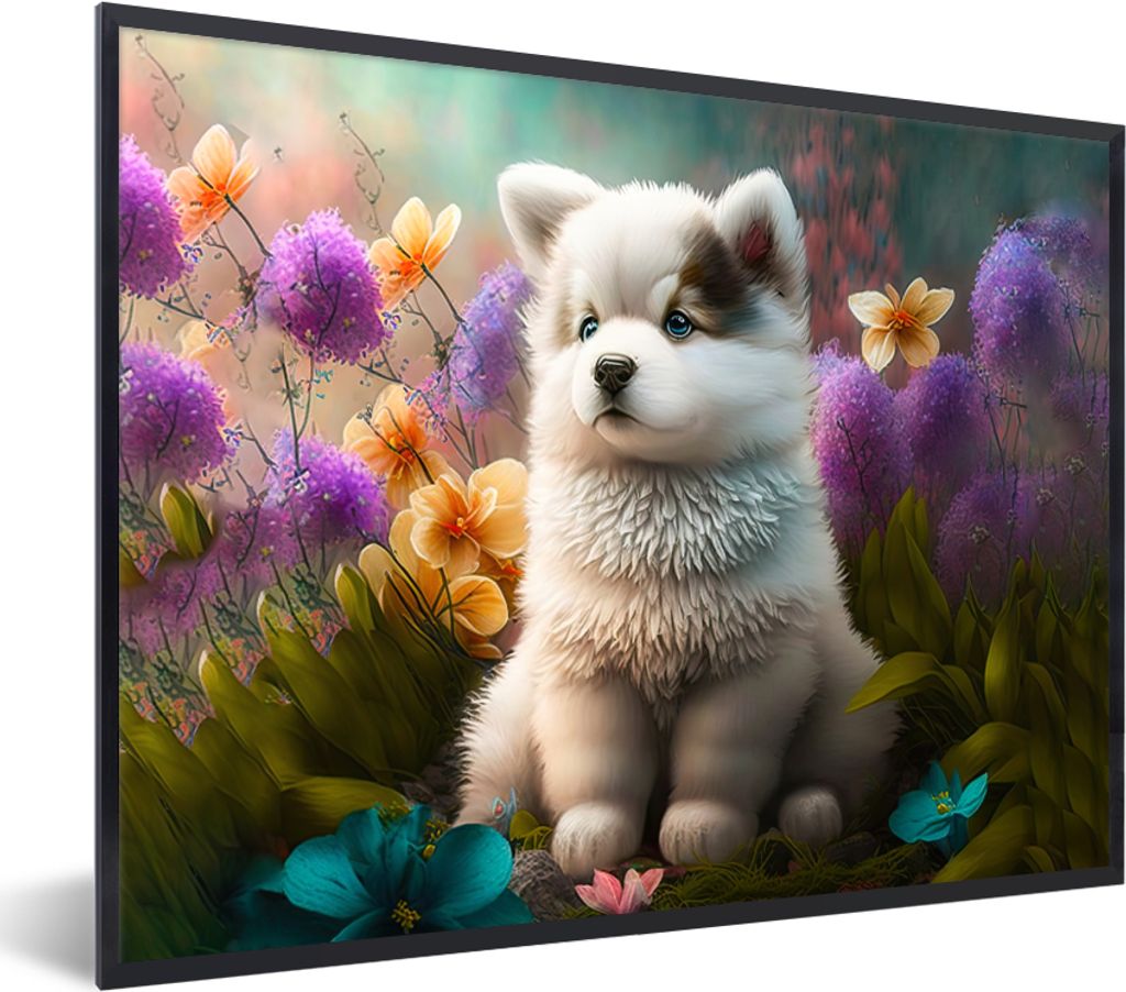 MuchoWow Gerahmtes Poster Welpe - Blumen - Pflanzen - Natur - Husky 40x30 cm - Poster mit Schwarzem Bilderrahmen Wandposter Rahmen Foto Bilder - ...