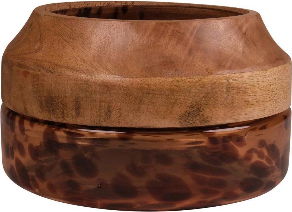 INNA-Glas Glasschale RUSSELL mit Mangoholz, Leopardenmuster, braun-klar, 13,5cm, Ø23cm - Pflanzschale