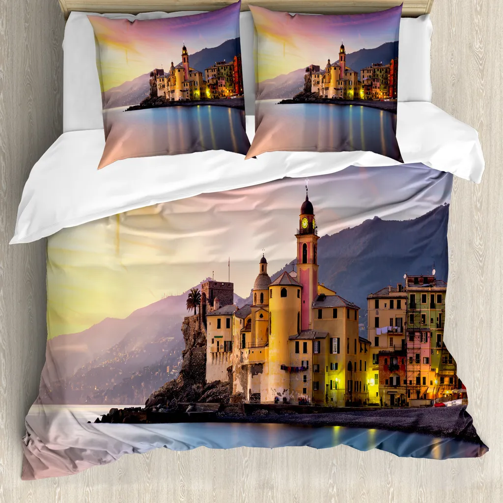 ABAKUHAUS Set copripiumino naturale per letti matrimoniali, Antica città mediterranea, Antiacaro, Adatto a chi soffre di allergie, con federe, Giallo pesca