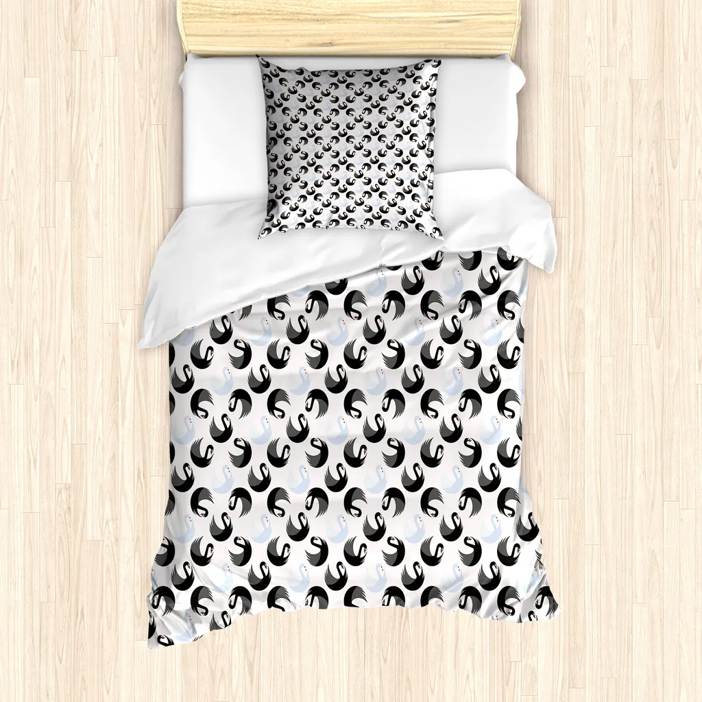 ABAKUHAUS Set copripiumino Swans per letti singoli, bianco e nero uccello acquatico, antiacaro, adatto a chi soffre di allergie, con federa, 135 cm x 200 cm - 80 x 80 cm, grigio chiaro grigio antracite