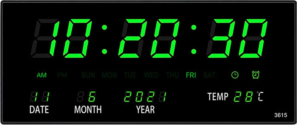 LED Digitale Uhr mit Kalender, Temperaturanzeige, leise im Dunkeln leuchtend, präzise Zeitmessung, 35,8x15x2,8cm, grün