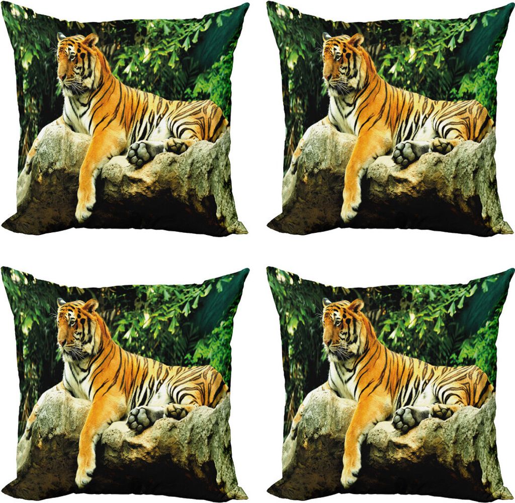 ABAKUHAUS Tiger Kissenbezug Set (4 Stück), Big Cat Resting in Wald, Moderner Doppelseitiger Digitaldruck, 60 cm x 60 cm, Mehrfarbig