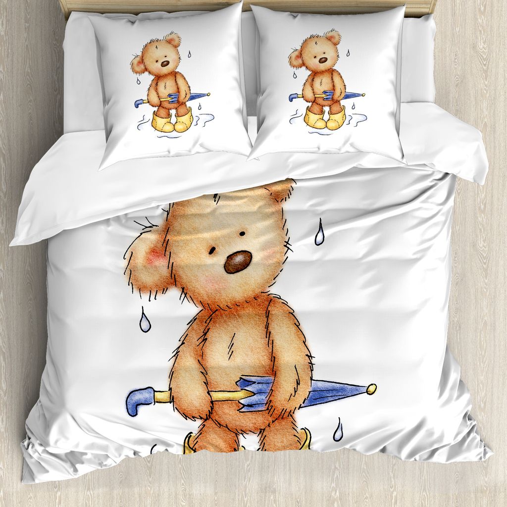ABAKUHAUS Bär Bettbezug, Teddybär-Regen-Regenschirm, Milbensicher Allergiker geeignet mit Kissenbezügen, 155 cm x 220 cm - 80 x 80 cm, Sand, Bra...
