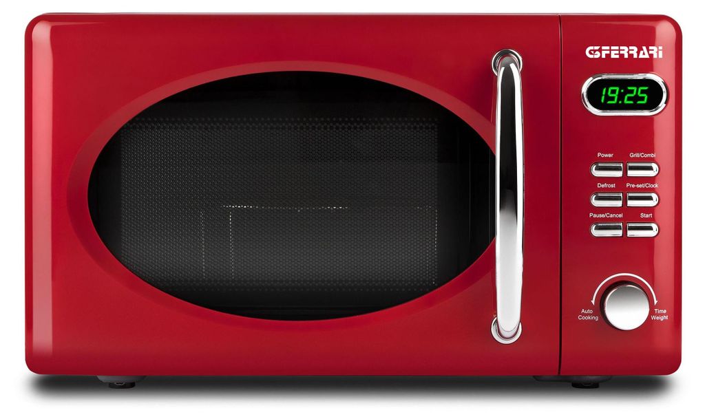A red G3 Ferrari microwave oven is shown from the front on a white background.