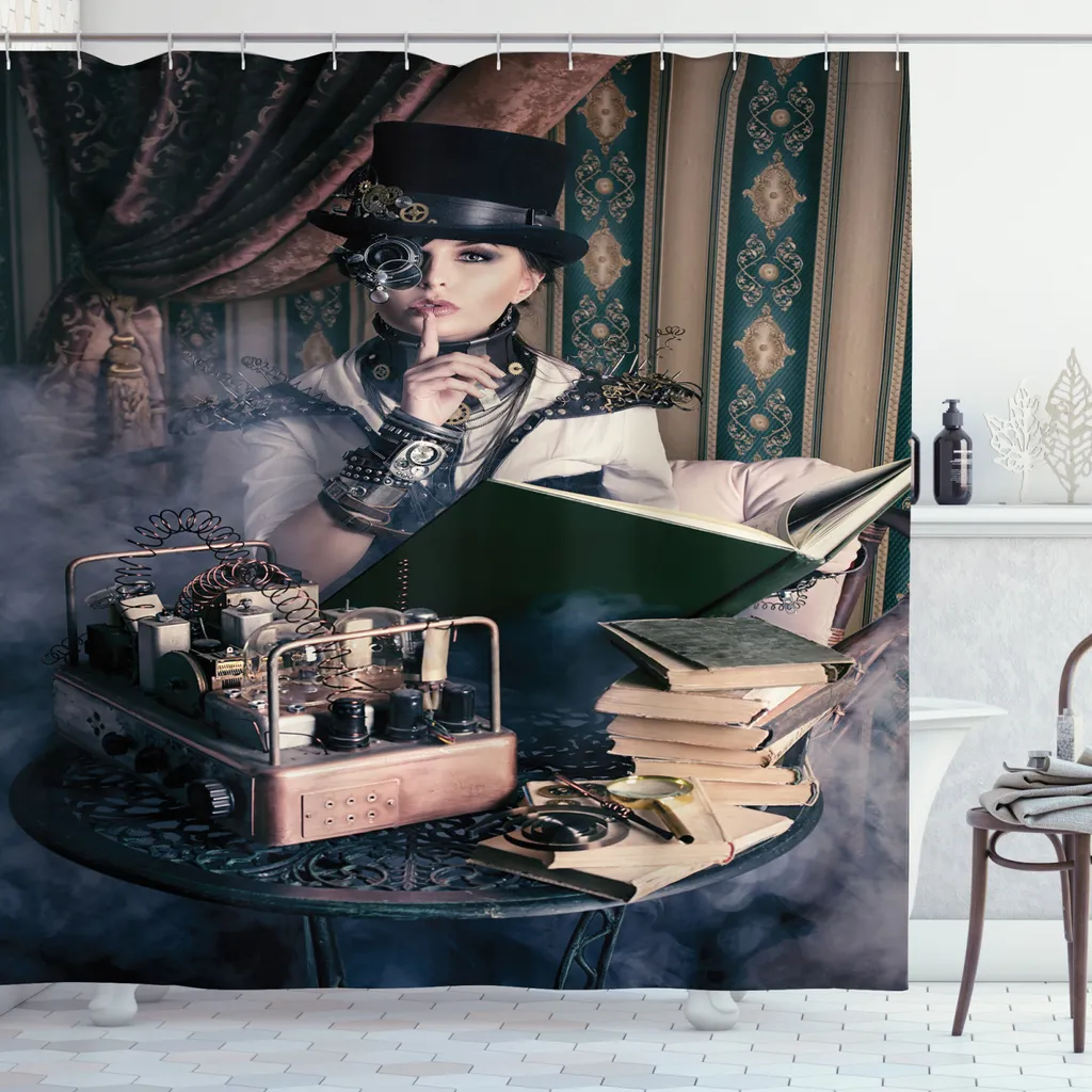 Rideau de douche textile imperméable 175x240 cm style Vintage Steampunk