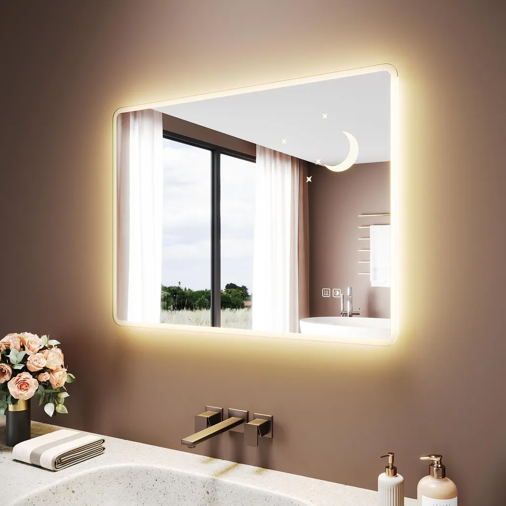 SONNI Specchio da bagno quadrato bianco 80 x 60 x 3,5 cm Tre temperature di colore Antiappannamento Con presa di corrente