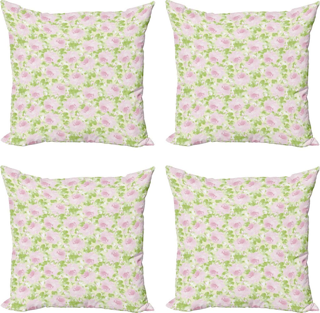 ABAKUHAUS Shabby Flora Kissenbezug Set (4 Stück), Frühlings-Yard-Pastell, Moderner Doppelseitiger Digitaldruck, 45 cm x 45 cm, Hellrosa Blassgrün