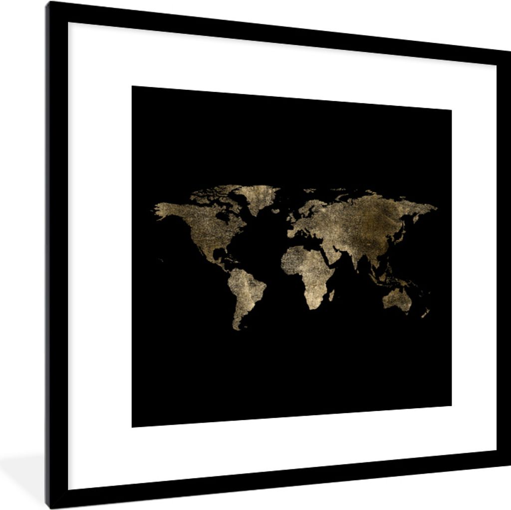 MuchoWow MuchoWow Gerahmtes Poster Weltkarte - Luxus - Gold 40x40 cm - Poster mit zchwarzem Bilderrahmen - Poster - Plakat im Rahmen