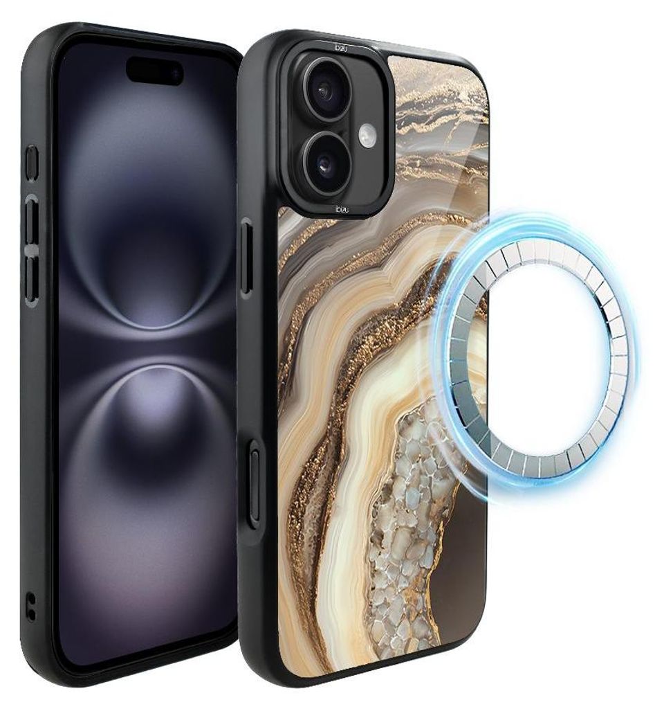 Schutzhülle für das iPhone 16, MagSafe-kompatibel, mattschwarze Seiten, Zierstein, Achat