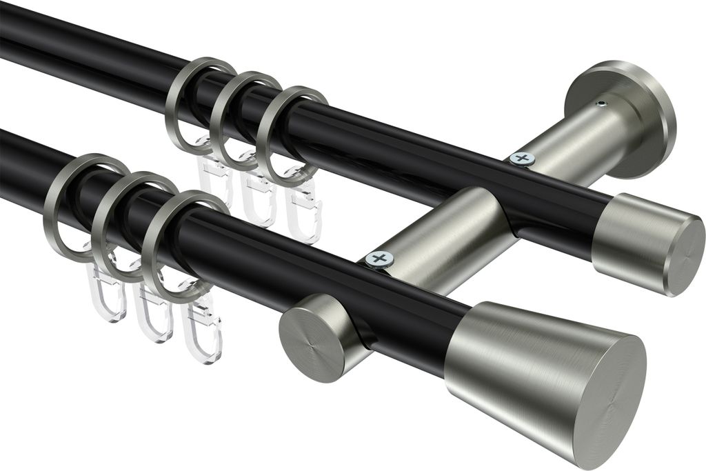 Interdeco Gardinenstange / Vorhangstange Schwarz / Edelstahl-Optik, Typ Platon Sitra (Konus), 20 mm Ø 2-läufig, 180 cm