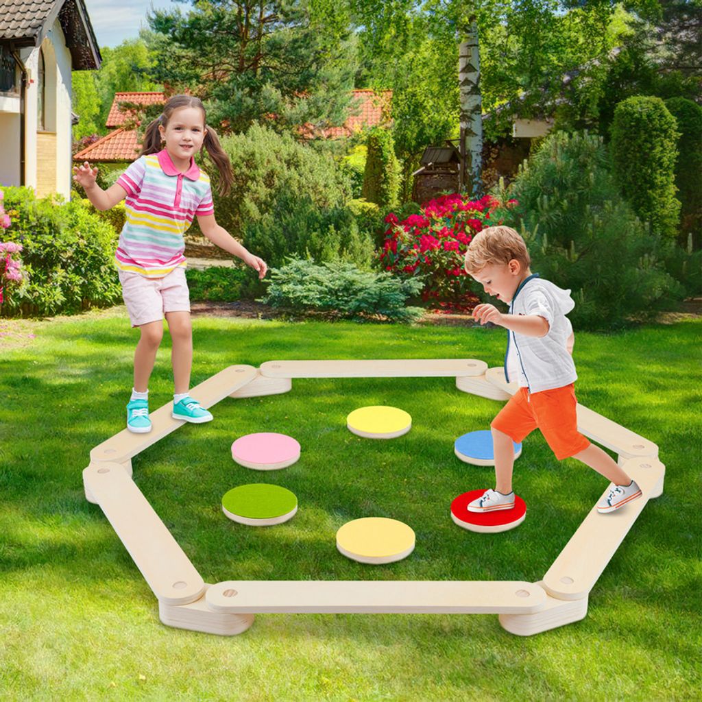 Clanmacy Balancierbalken Balancegeräte 18 tlg. frei kombinierbar Motorik Spiel aus Holz geeignet für Kinder mit 6 Bunte Scheiben DIY Schwebebalken