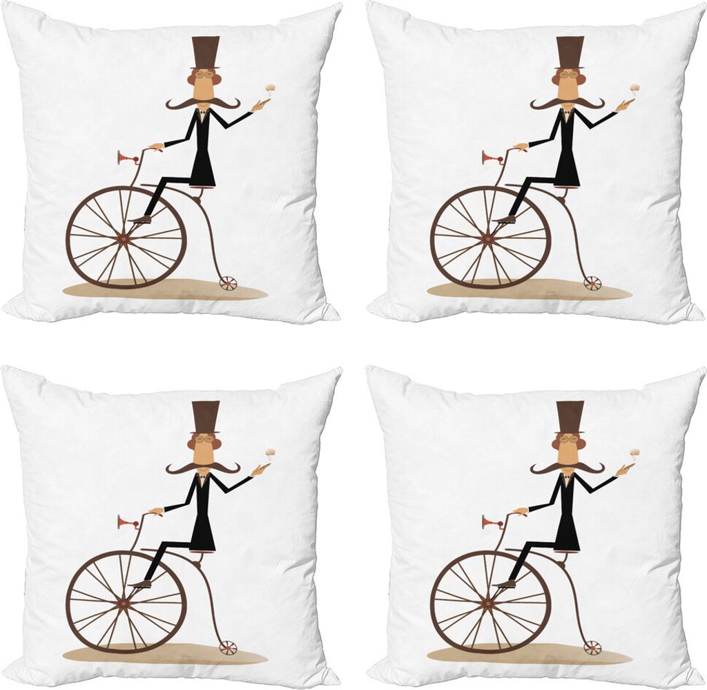 ABAKUHAUS Zigarre Kissenbezug Set (4 Stück), Herr Schnurrbart Retro Bike, Moderner Doppelseitiger Digitaldruck, 45 cm x 45 cm, Braun Beige und Weiß