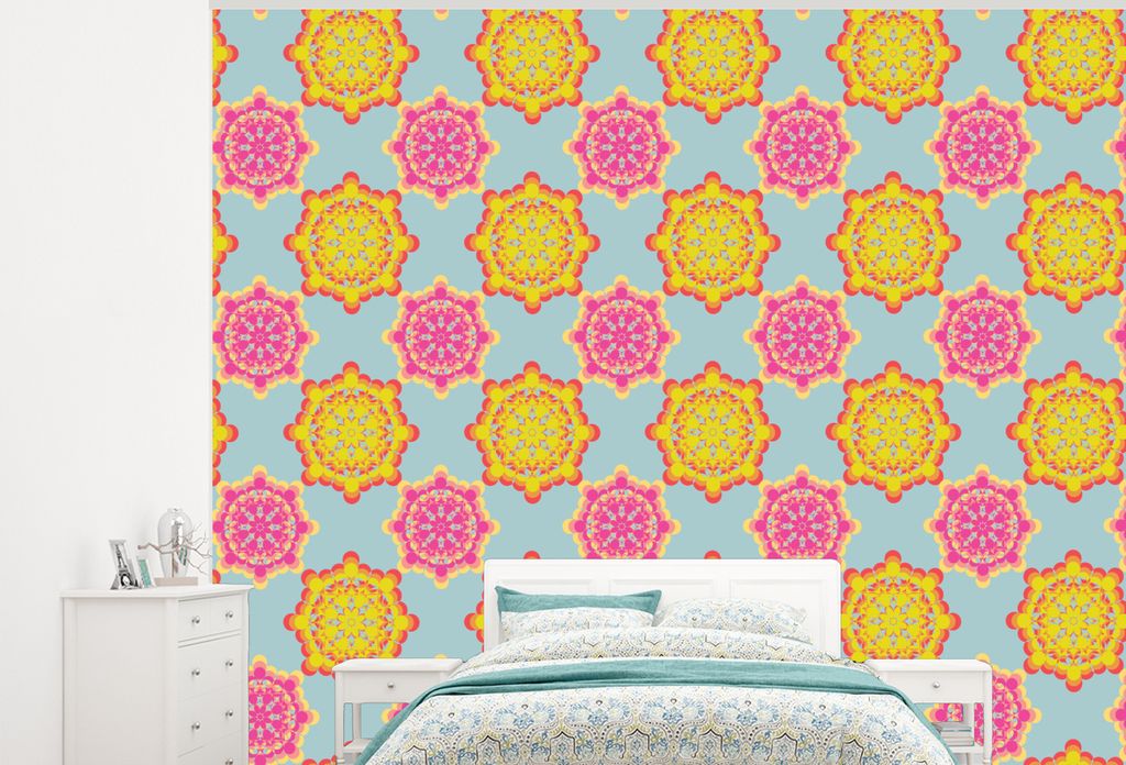 MuchoWow Fototapete für Wohnzimmer oder Schlafzimmer Wandtapete Vinyl Motivtapete Flower Power - Design - Hippie - 275x220 cm - Gemustert