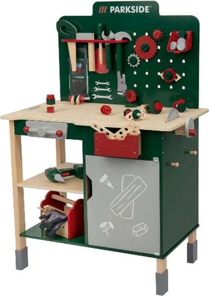 A toy workbench with various accessories.