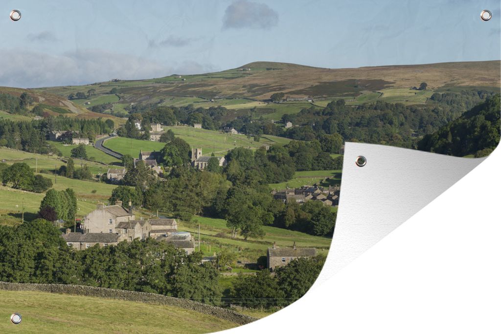 MuchoWow 90x60 cm Outdoor-Poster Gartendeko Sichtschutz Garten Poster für den Garten Ein englisches Dorf in der Hügellandschaft