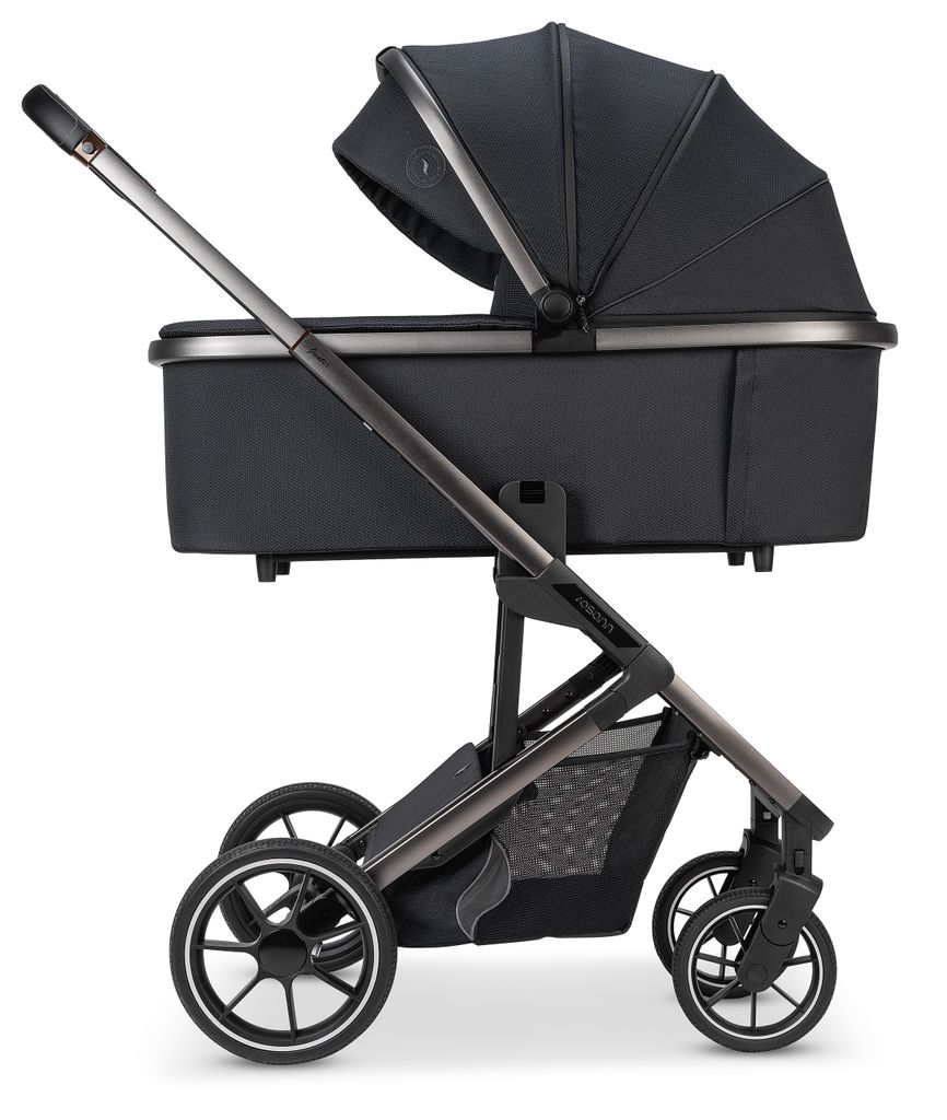 A black and gray baby stroller is shown against a white background.