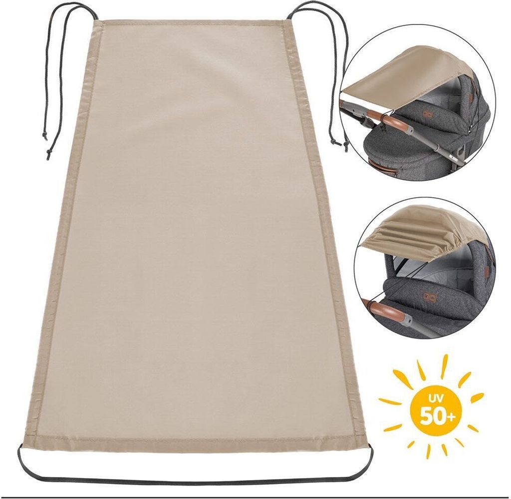A sunshade for a baby stroller, shown flat and then attached to a stroller.