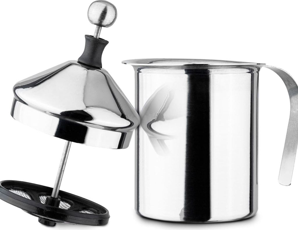 A stainless steel milk frother with its lid and plunger mechanism detached.