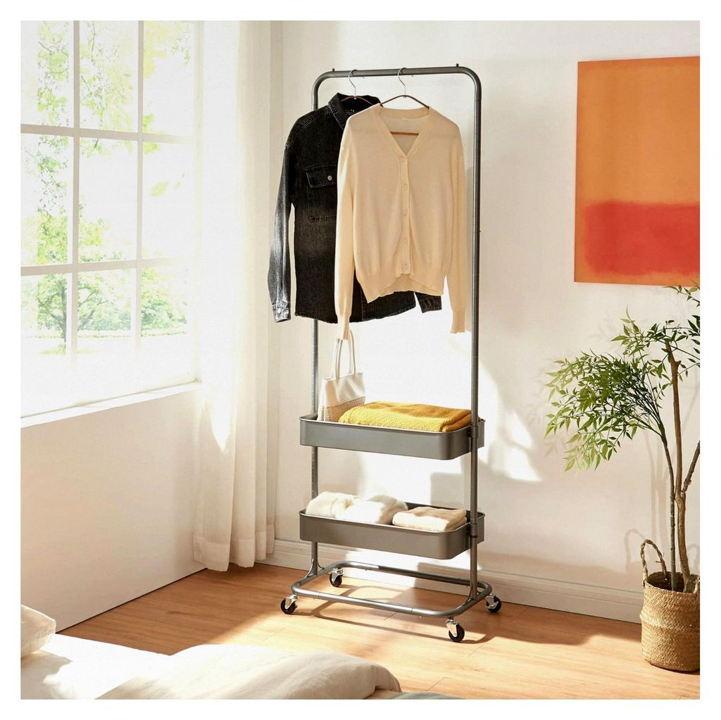 Garderobenständer Kumad 175 x 58 x 36 cm mit 2 Rollen und Bremse, Kleiderständer auf Rollen, Garderobe, Garderobenstange, 2 Gitterkörbe, Jackens...