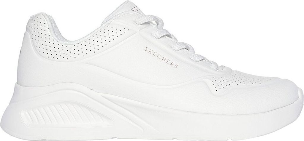 A white Skechers women's trainer shoe is shown from the side against a white background.