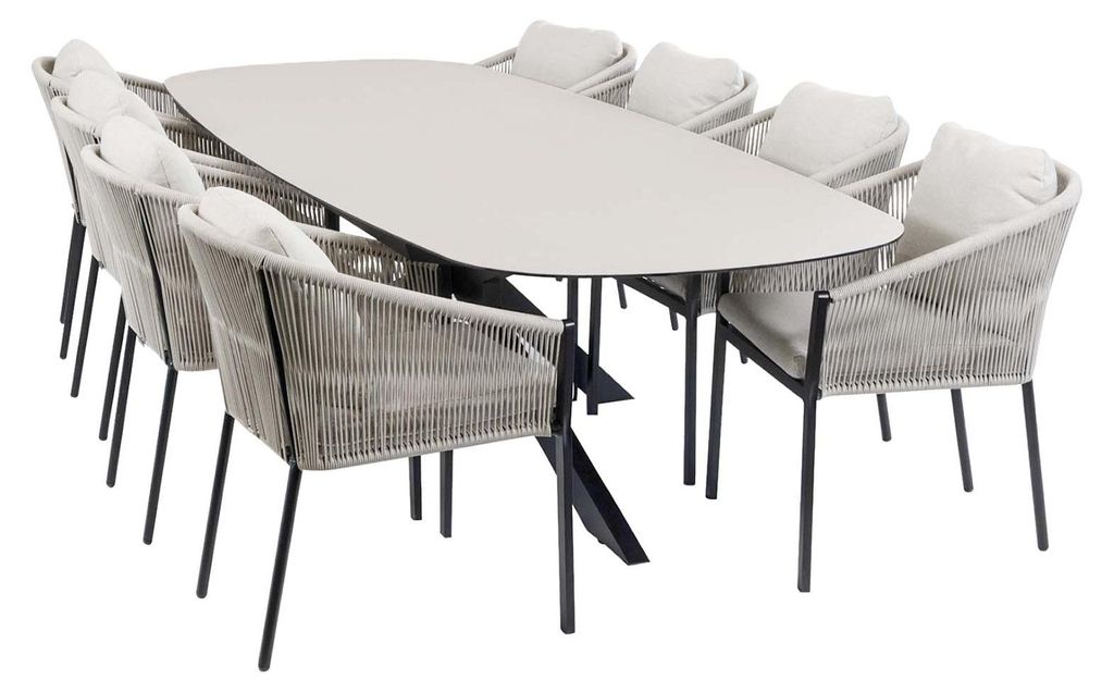 9-teiliges Garten-Set | 8 Elvira Gartenstühle | Gartentisch Malaga 280 x 115 cm | Schwarz