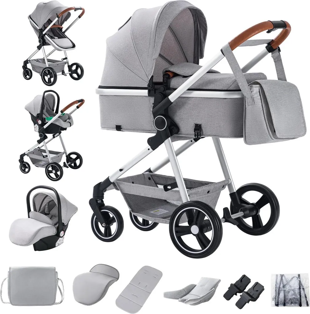 Poussette 3 en 1 S500-GRAU en aluminium léger avec nacelle grise