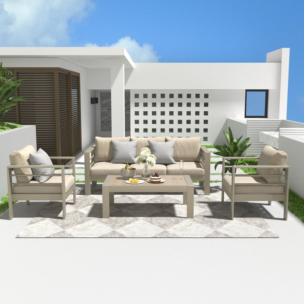 MEXO Gartenmöbel Set Beige Aluminium 4-5 Personen outdoor wetterfest, 12cm Deluxe Relax-Sitzkissen, Gartenlounge-Set 4-tlg. mit 8 cm breite Armlehnen