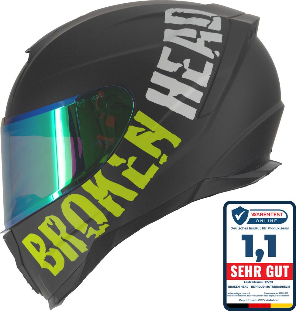 Broken Head BeProud Sport Grün Motorradhelm + Grün Verspiegeltes Visier : S (55-56 cm) Größe: S (55-56 cm)