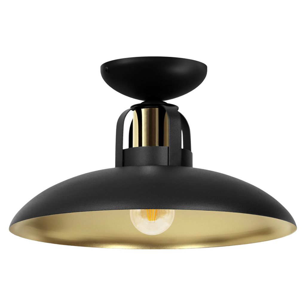 A black and gold ceiling light fixture with a single bulb.