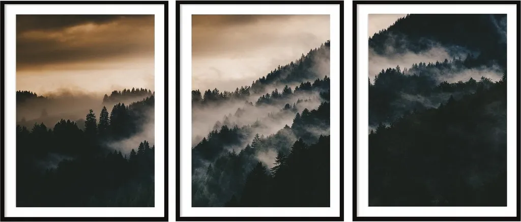 Set de 3 Tableaux Paysage de Forêt P2035 avec Cadre Noir 33x43cm
