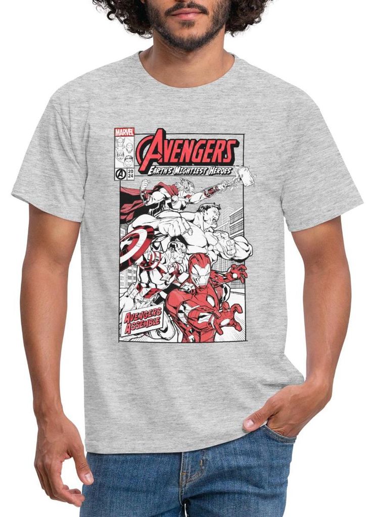 Spreadshirt Avengers Assemble Helden Comic-Motiv Männer T-Shirt, L, Grau meliert