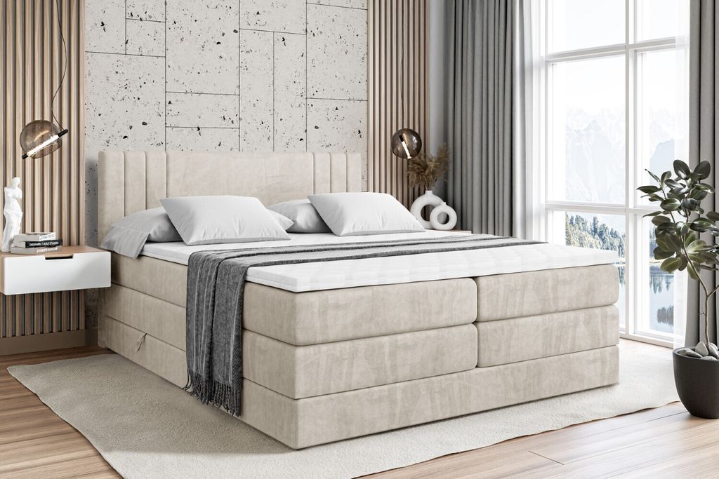 ALTDECOR Boxspringbett mit 2 Matratzen und Topper - 160x200 cm - IDRIKO KING - Taupe Samt - Polsterbett mit, H3- und H4- Matratzen, Bettkasten und ...