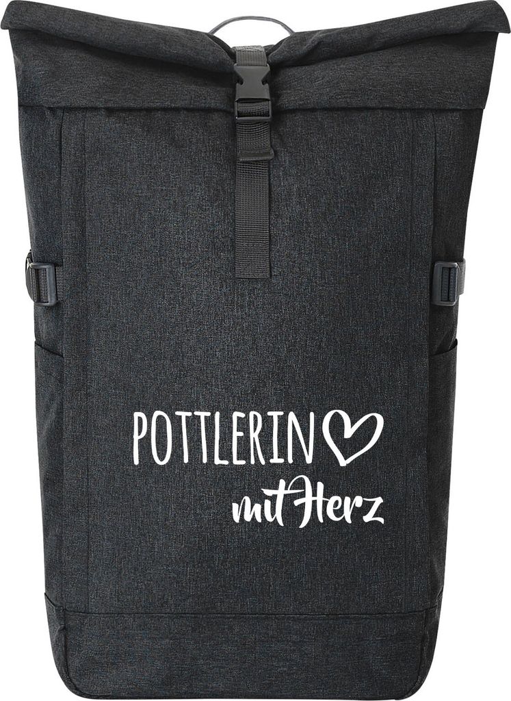 Huuraa Kurierrucksack Pottlerin mit Herz 30-44 Liter Black Melange Fairtrade Rolltop Rucksack Geschenkidee