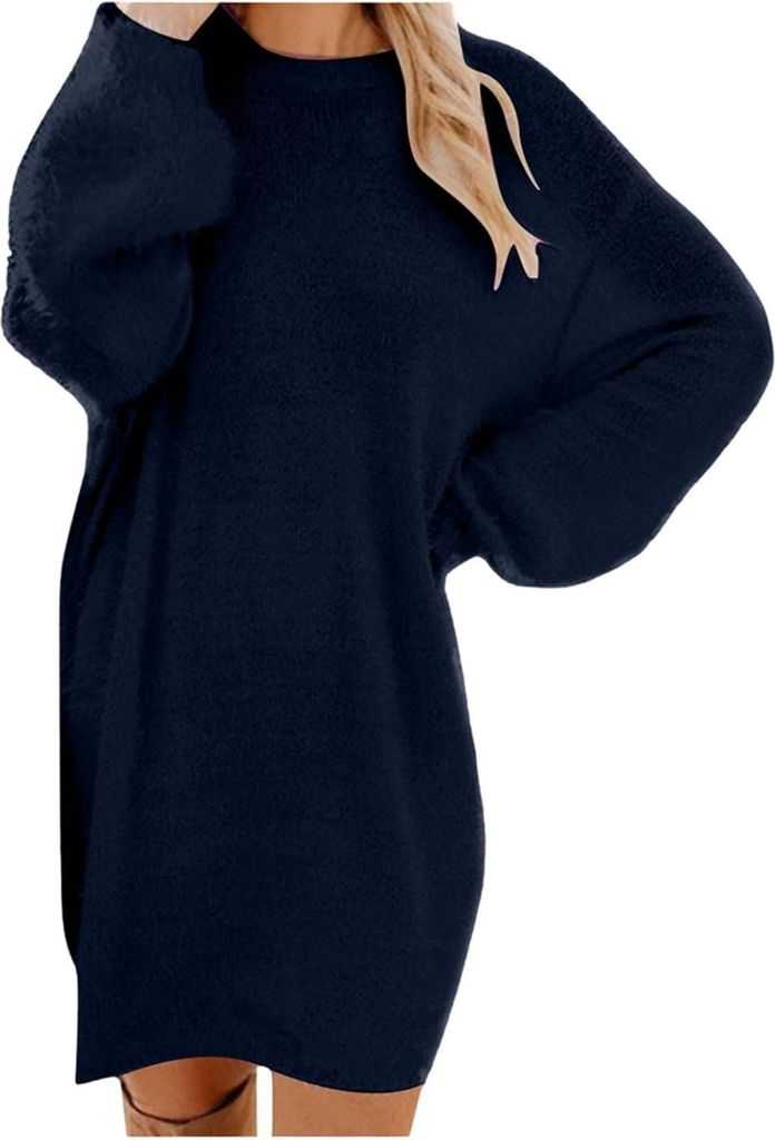 ASKSA Pulloverkleid Damen Oversized Strickkleid Winterkleid Damen Langarm Rundhals Pullover Herbstkleid Einfarbig Sweatkleid,Dunkelblau,S
