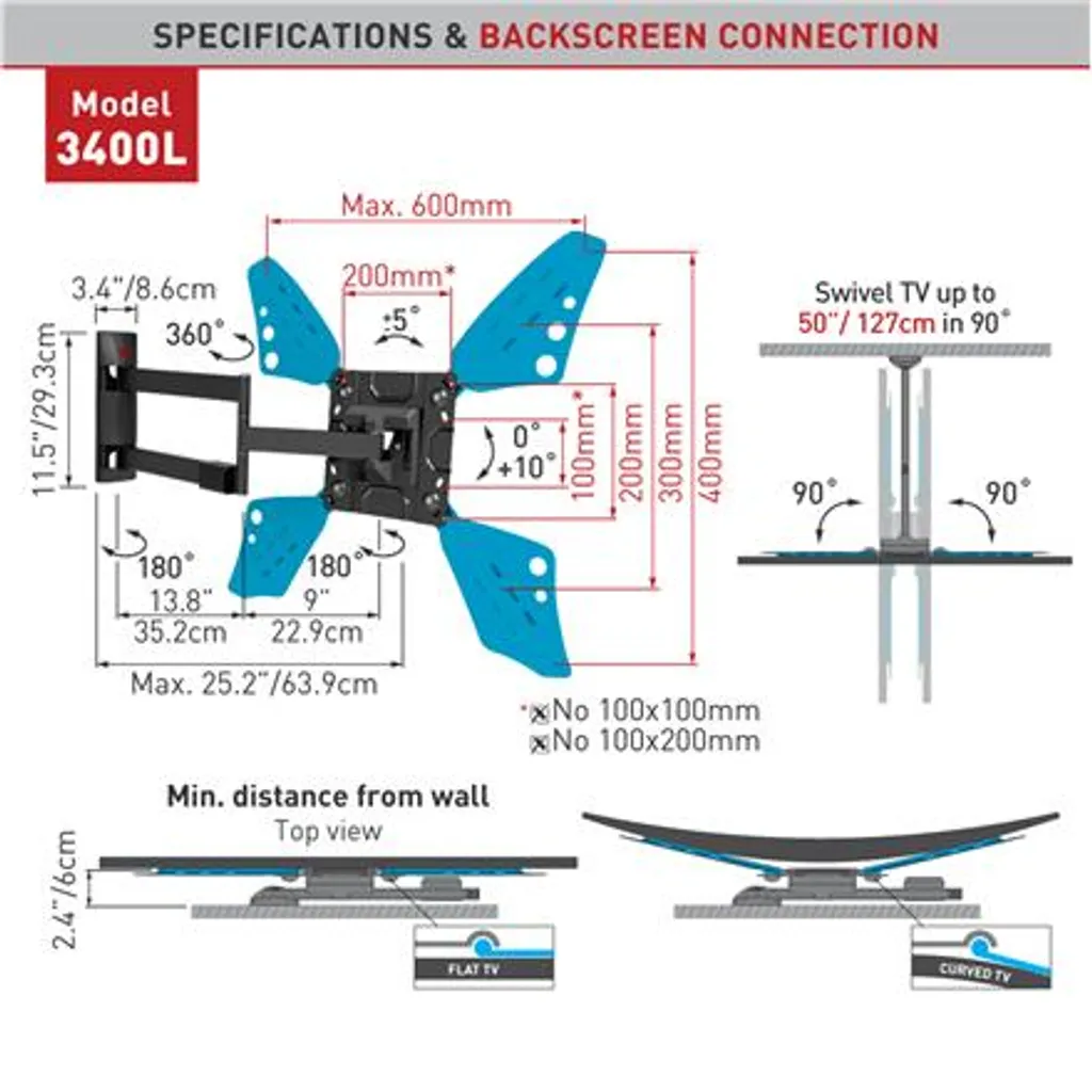 Fixation murale TV BARKAN 3400L.B idéale pour grand angle de vision