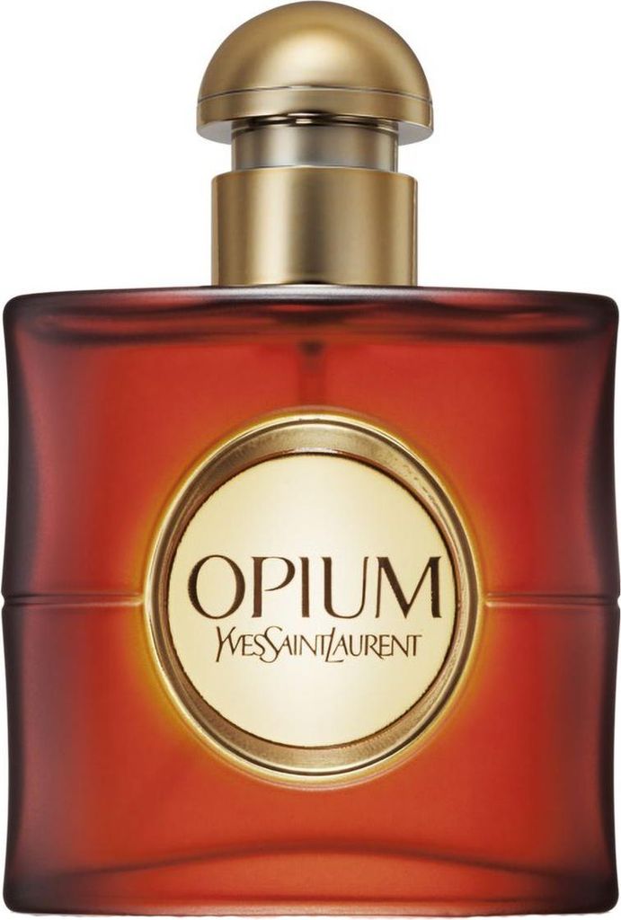 A close-up studio shot of a YSL Opium perfume bottle.