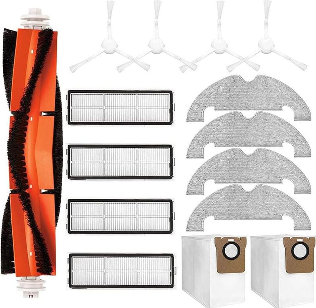 Zubehörset mit Ersatzteilen für Saugroboter, 1 Hauptbürste, 4 Seitenbürsten, 4 Filter, 4 Wischtücher, 2 Staubsaugerbeutel.