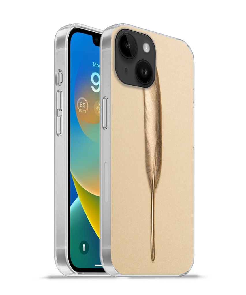 MuchoWow Handyhülle Schutzhülle Hülle für Apple iPhone 14 - Softcase Gold bemalte Feder auf einem goldenen Hintergrund Silikon Softcase Handy...
