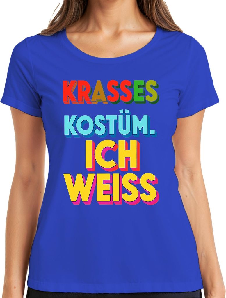 Krasses Kostüm Ich weiss Fasching Karneval Halloween bunt Retro Damen T-Shirt, Blau, XL