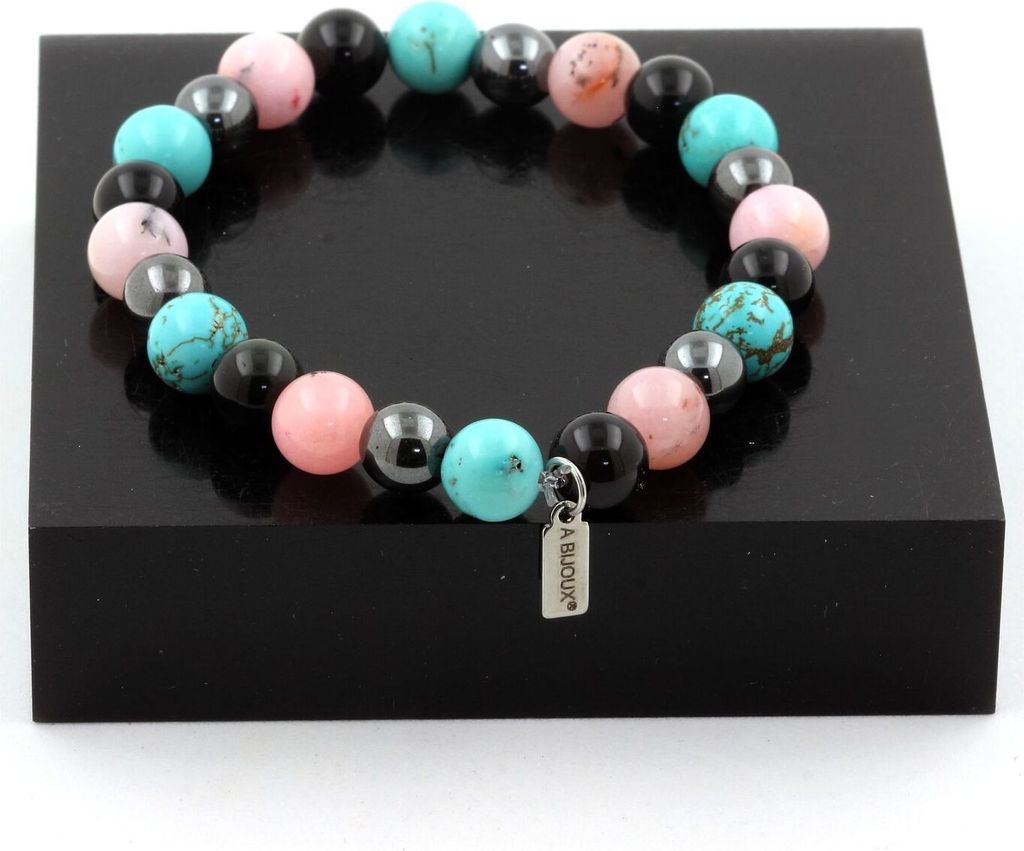 Armbandperlen Schwarzer Obsidian + Hämatit + Rosa Opal + Türkis 8 mm