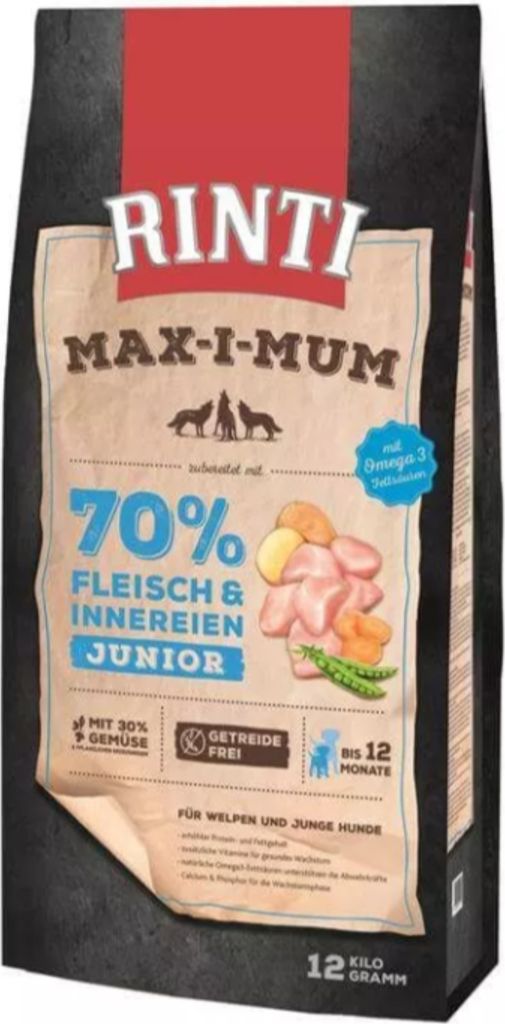 A bag of Rinti Max-i-mum Junior dog food.