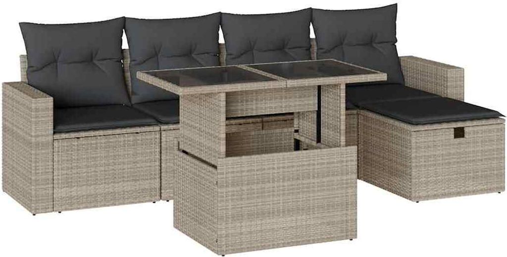 vidaXL 6-tlg. Garten-Sofagarnitur mit Kissen Hellgrau Poly Rattan