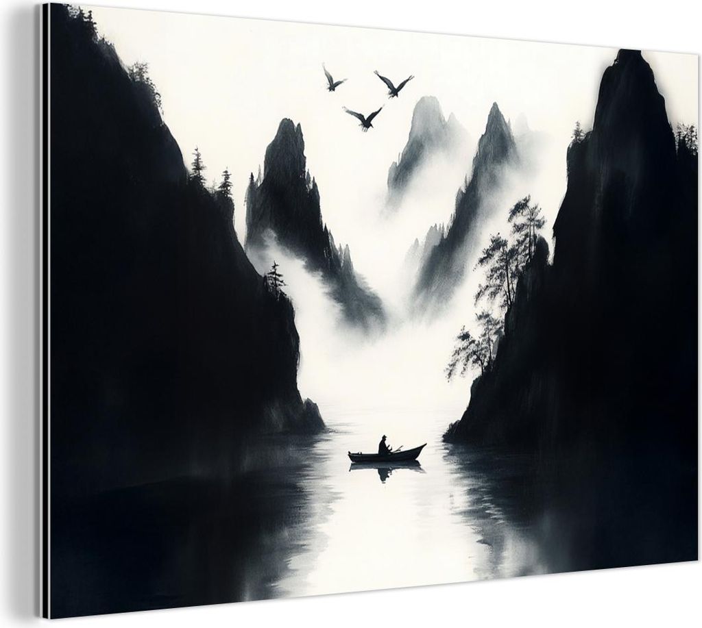 MuchoWow Wanddekoration Metall Metallbild Wandkunst 150x100 cm Ruderboot - Neblig - Berge - Vögel MuchoWow Aluminium Gemälde - Alu Dibond Bild