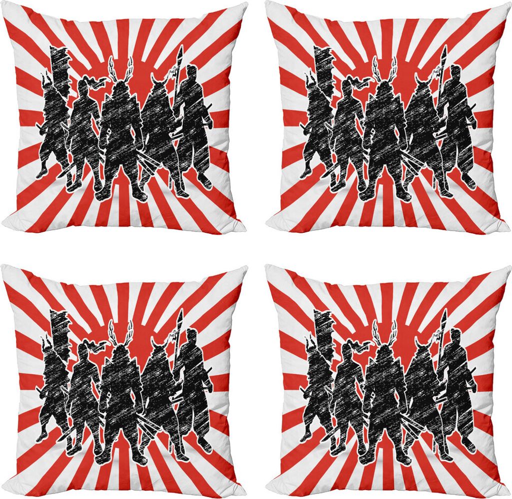 ABAKUHAUS japanisch Kissenbezug Set (4 Stück), Samurai Ninja Retro, Moderner Doppelseitiger Digitaldruck, 40 cm x 40 cm, rot schwarz