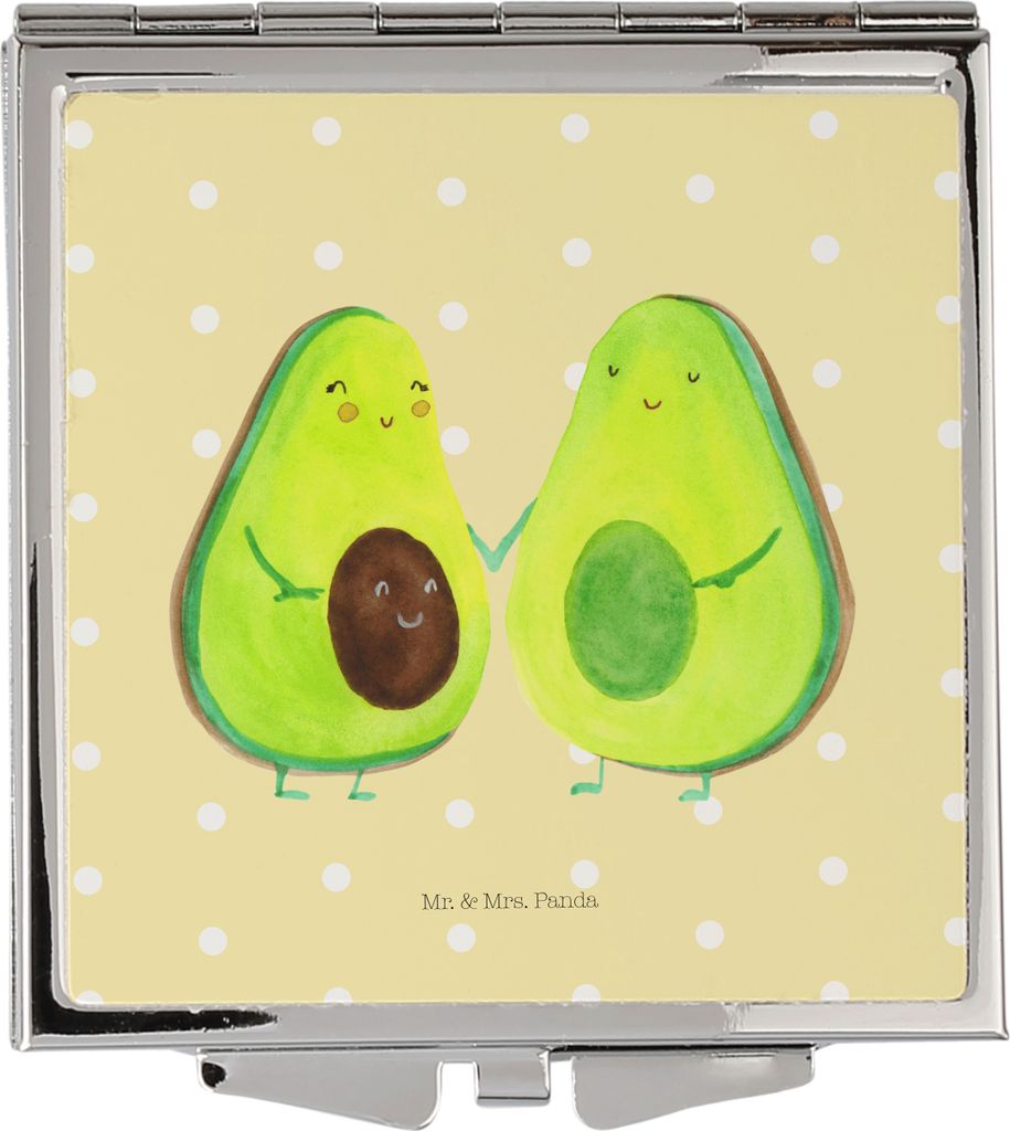 Mr. & Mrs. Panda Handspiegel Avocado Pärchen - Gelb Pastell - Geschenk, Geburt, Klappbarer Spiegel, Familie, Mini, Schwangerschaft, Schminkspiegel...