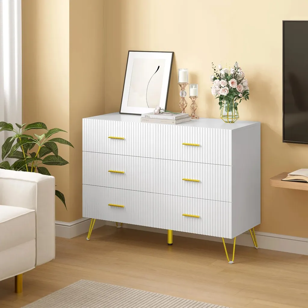 Meuble de rangement blanc 6 tiroirs avec finitions dorées luxueuses