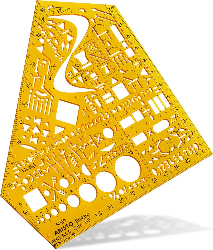 A yellow drafting template with various geometric shapes, letters, and numbers cut out.