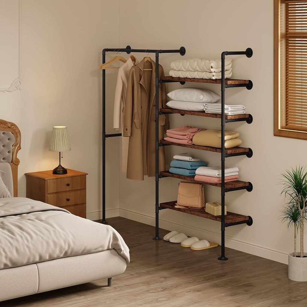Kleiderständer mit Regalen, Garderobe mit Kleiderstange, Wandmontage, Vintage Industrie Design