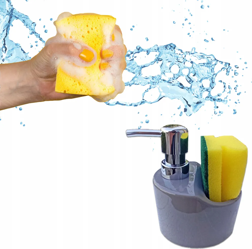 Distributeur savon vaisselle céramique noir avec éponge ergonomique chic